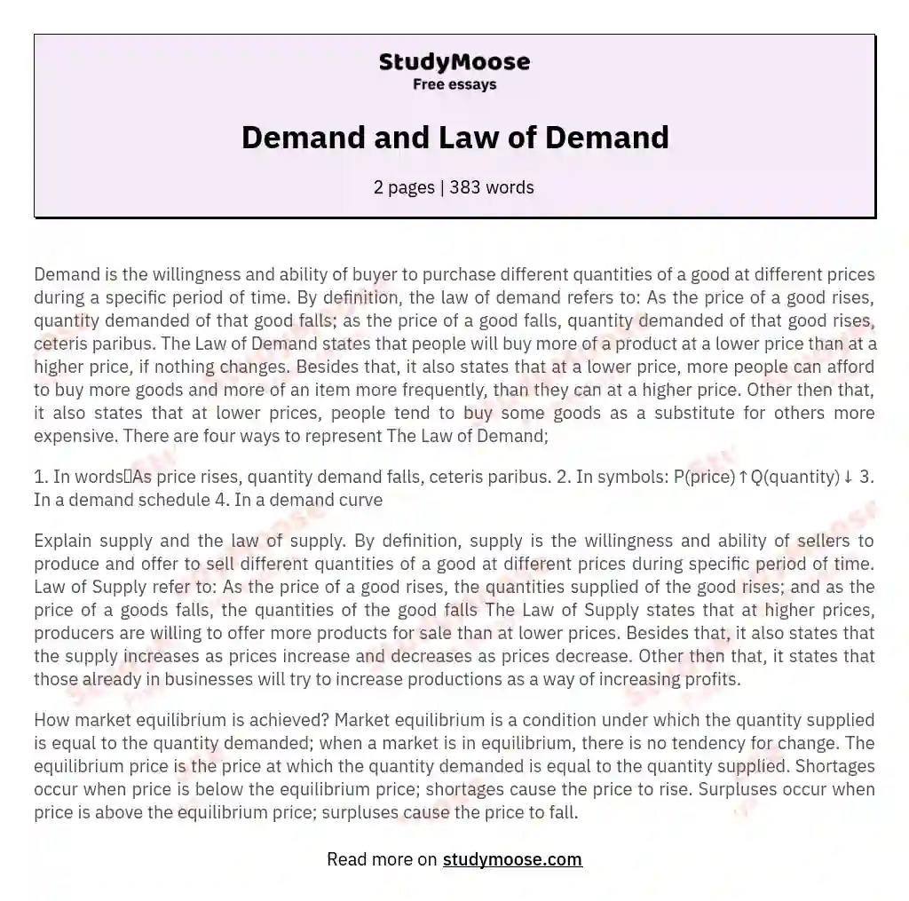 Demand and Law of Demand essay