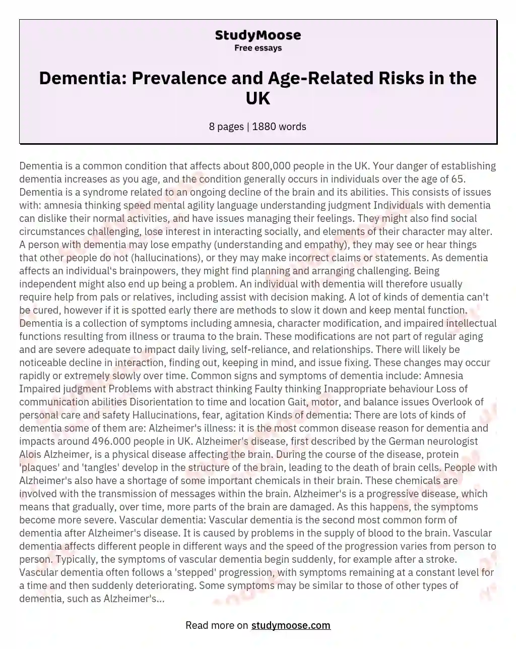 Dementia: Prevalence and Age-Related Risks in the UK essay