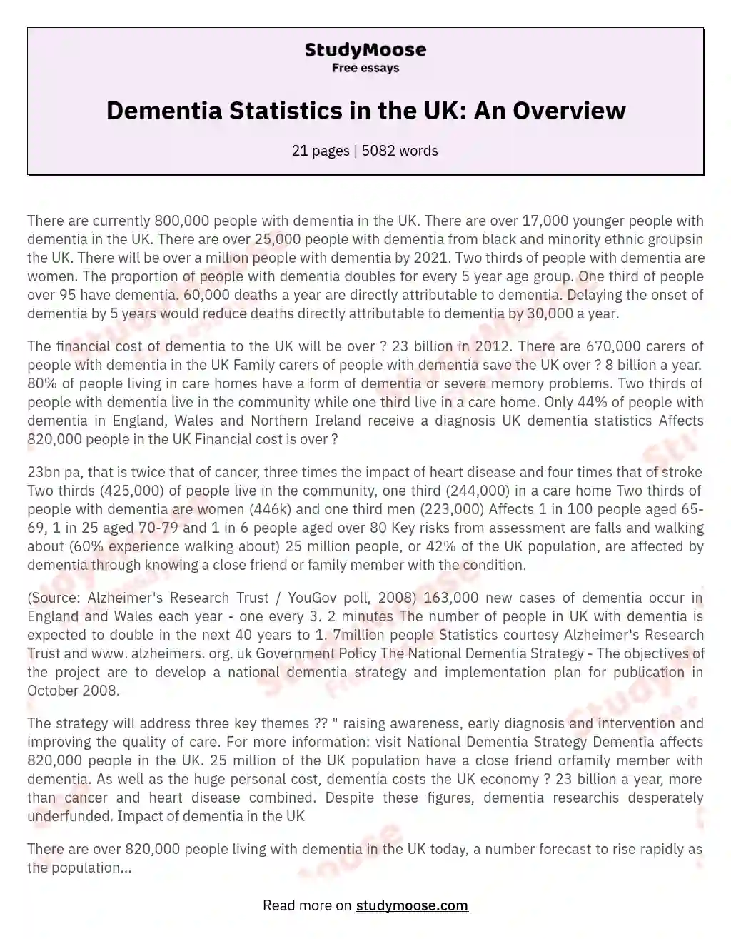 Dementia Statistics in the UK: An Overview essay