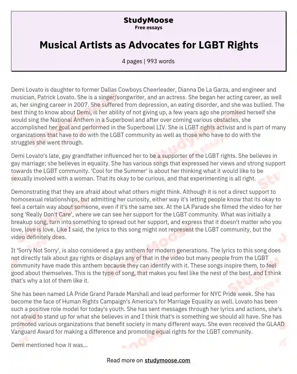 Musical Artists as Advocates for LGBT Rights essay