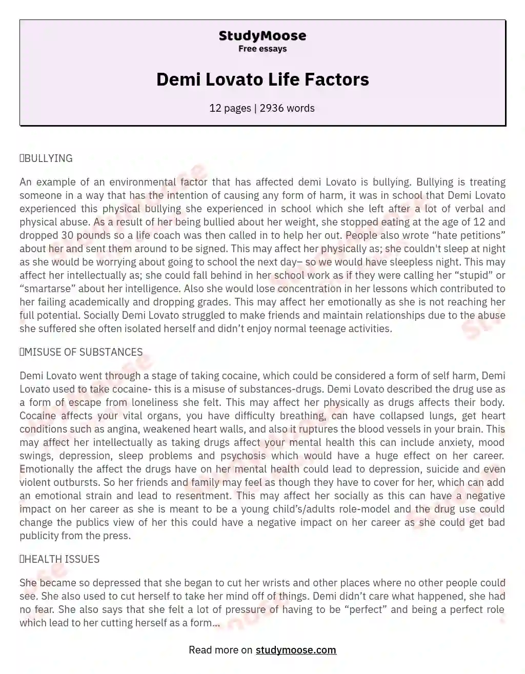 Demi Lovato Life Factors essay