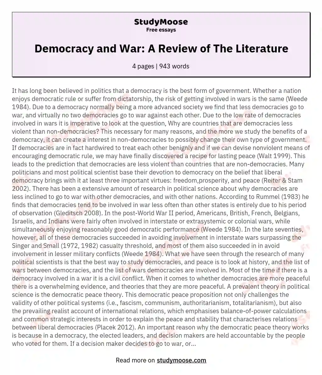 Democracy and War: A Review of The Literature essay