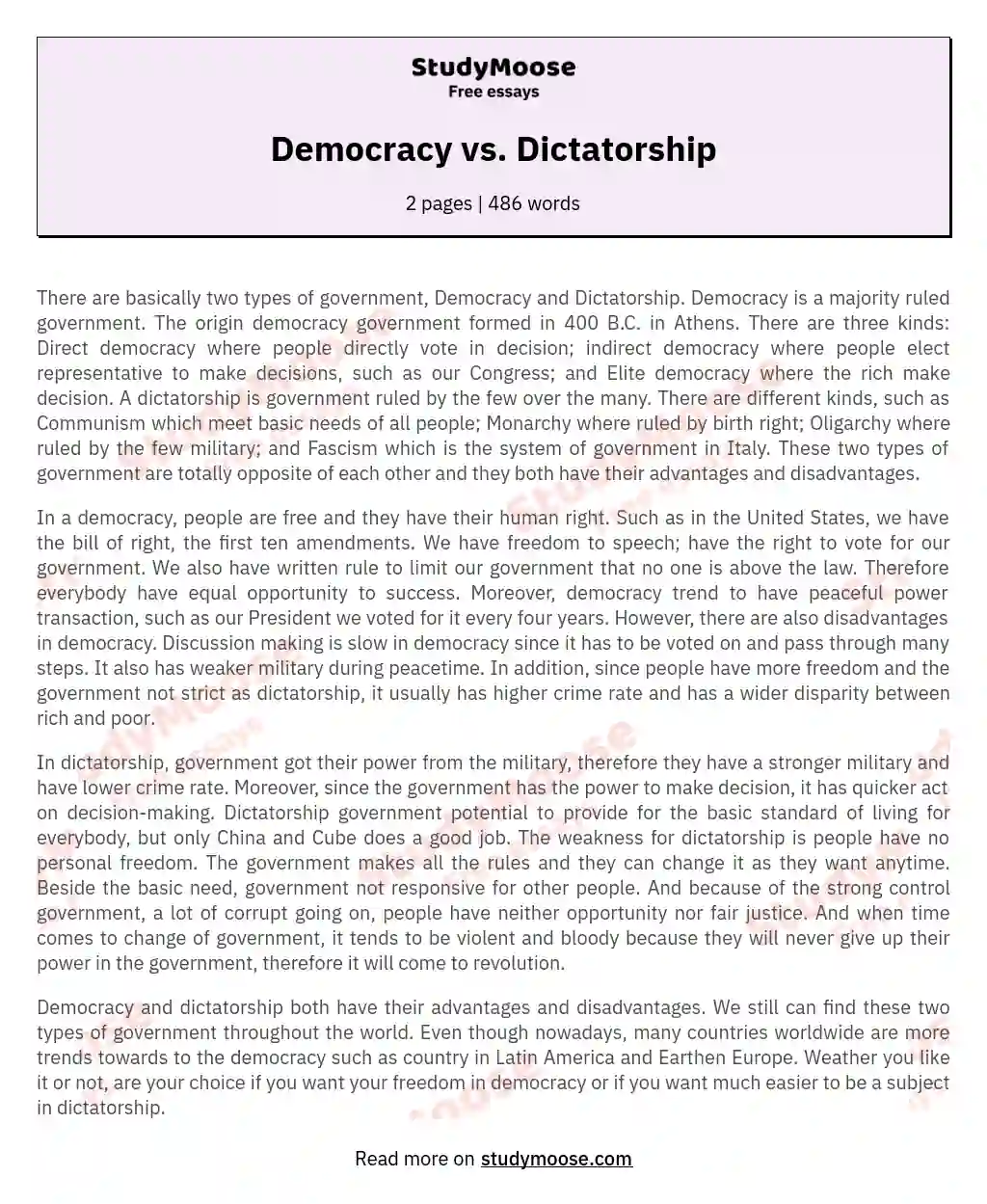 Democracy vs. Dictatorship essay