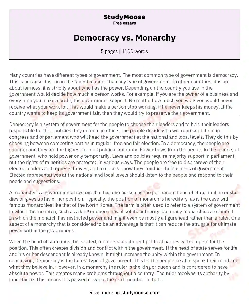 Democracy vs. Monarchy essay