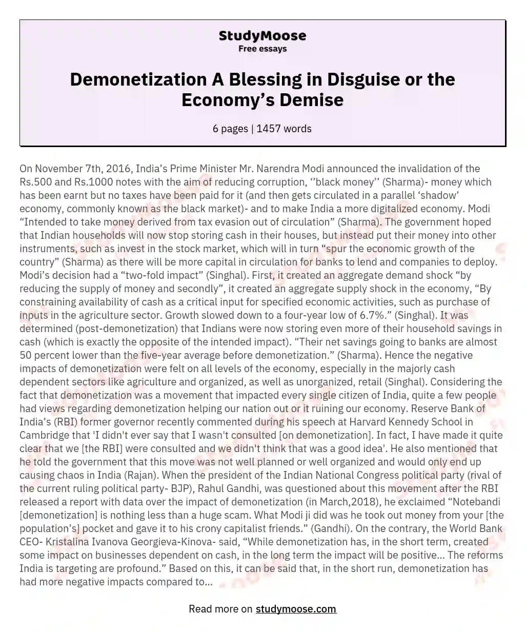 Demonetization A Blessing in Disguise or the Economy’s Demise essay