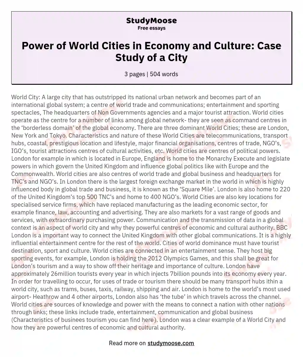 Power of World Cities in Economy and Culture: Case Study of a City