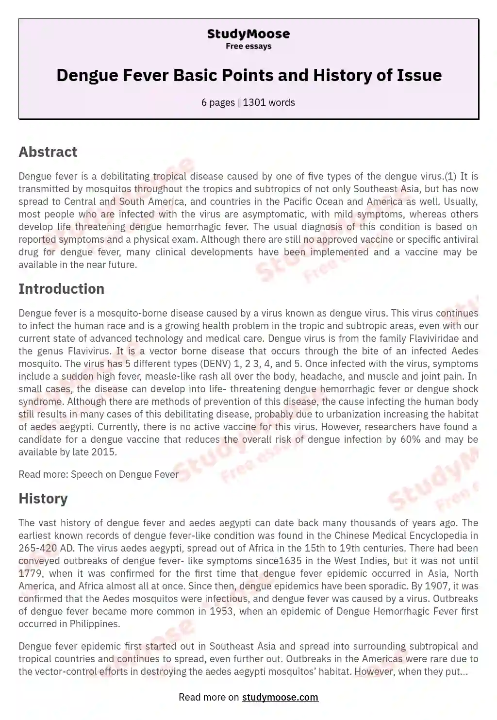 Dengue Fever Basic Points and History of Issue essay
