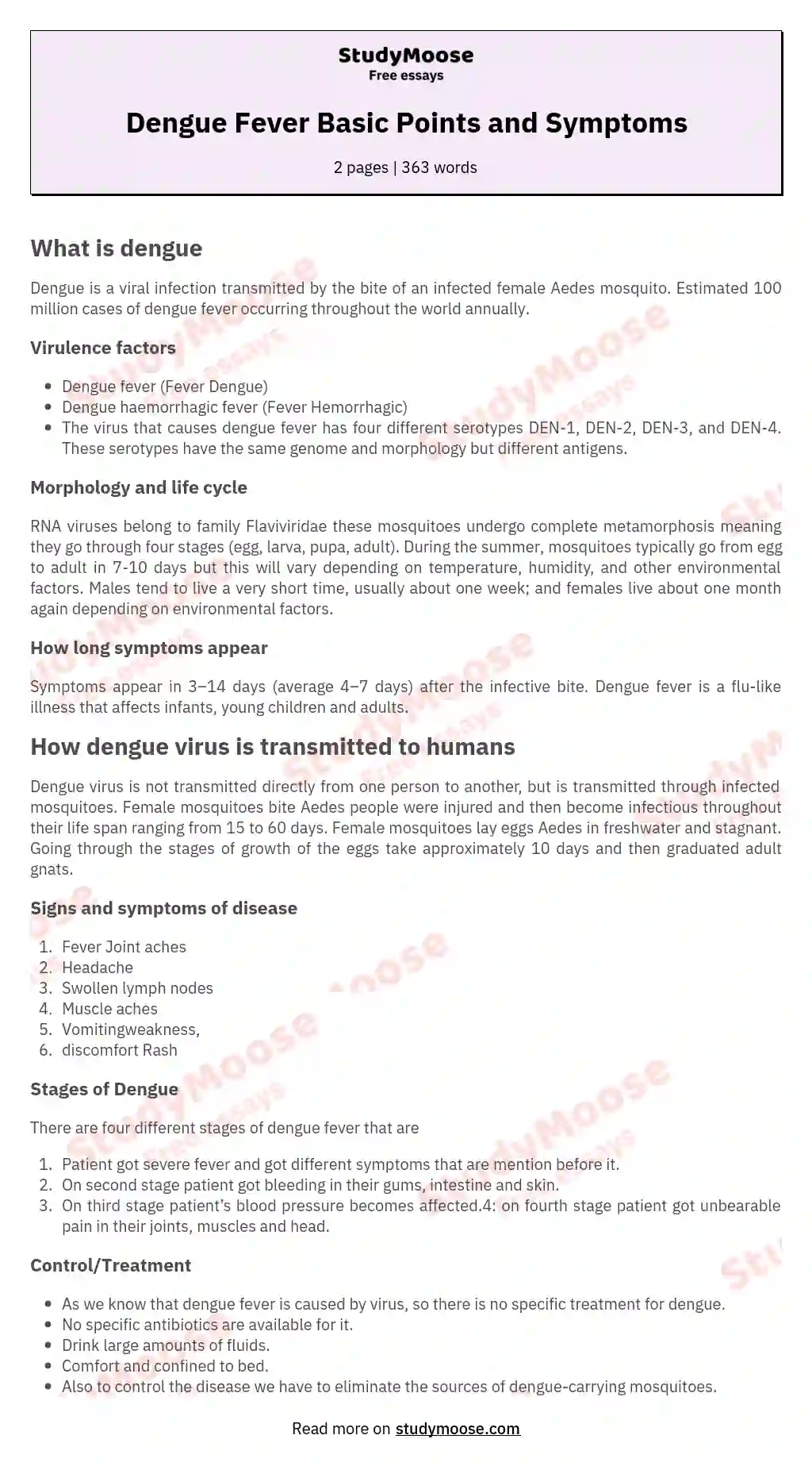 Dengue Fever Basic Points and Symptoms essay