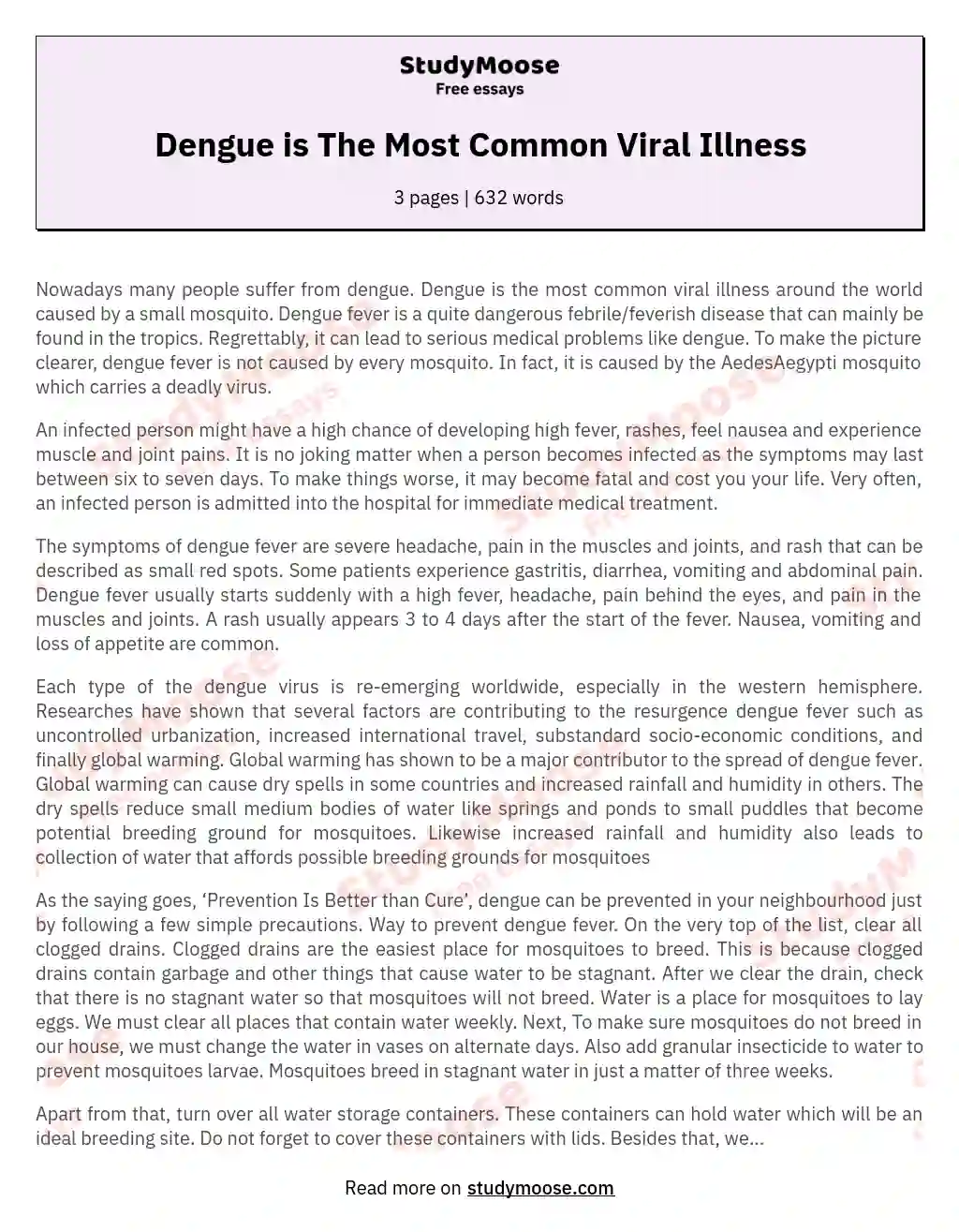 Dengue is The Most Common Viral Illness essay