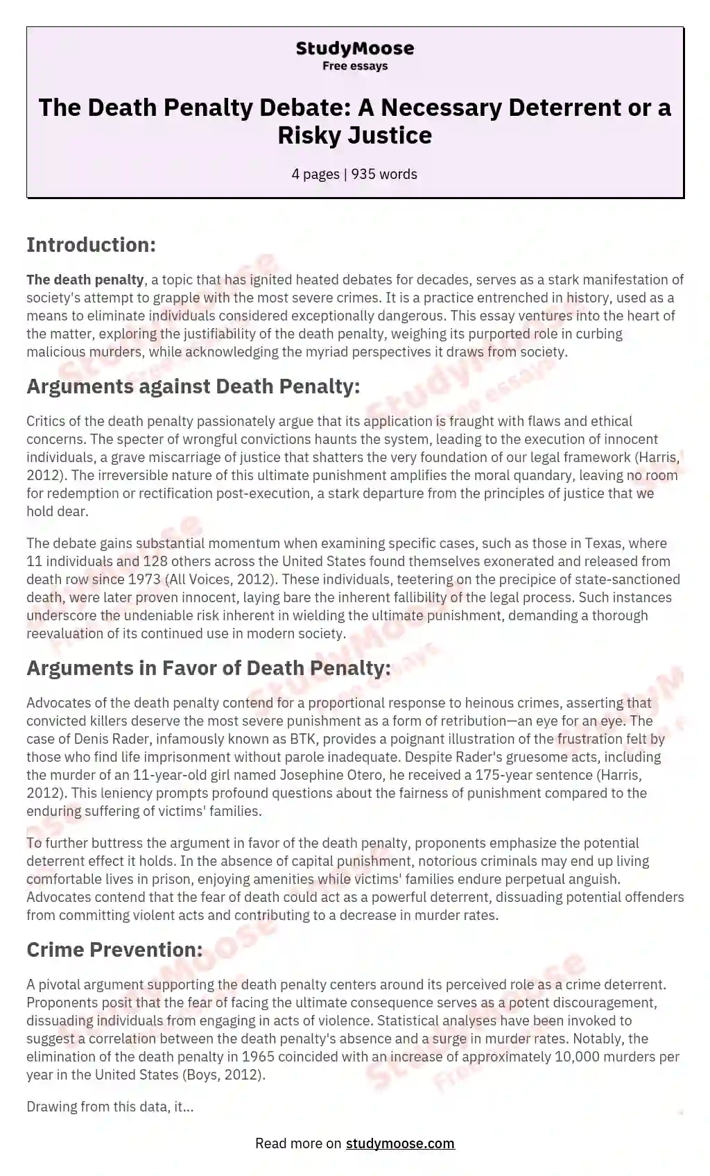 The Death Penalty Debate: A Necessary Deterrent or a Risky Justice essay