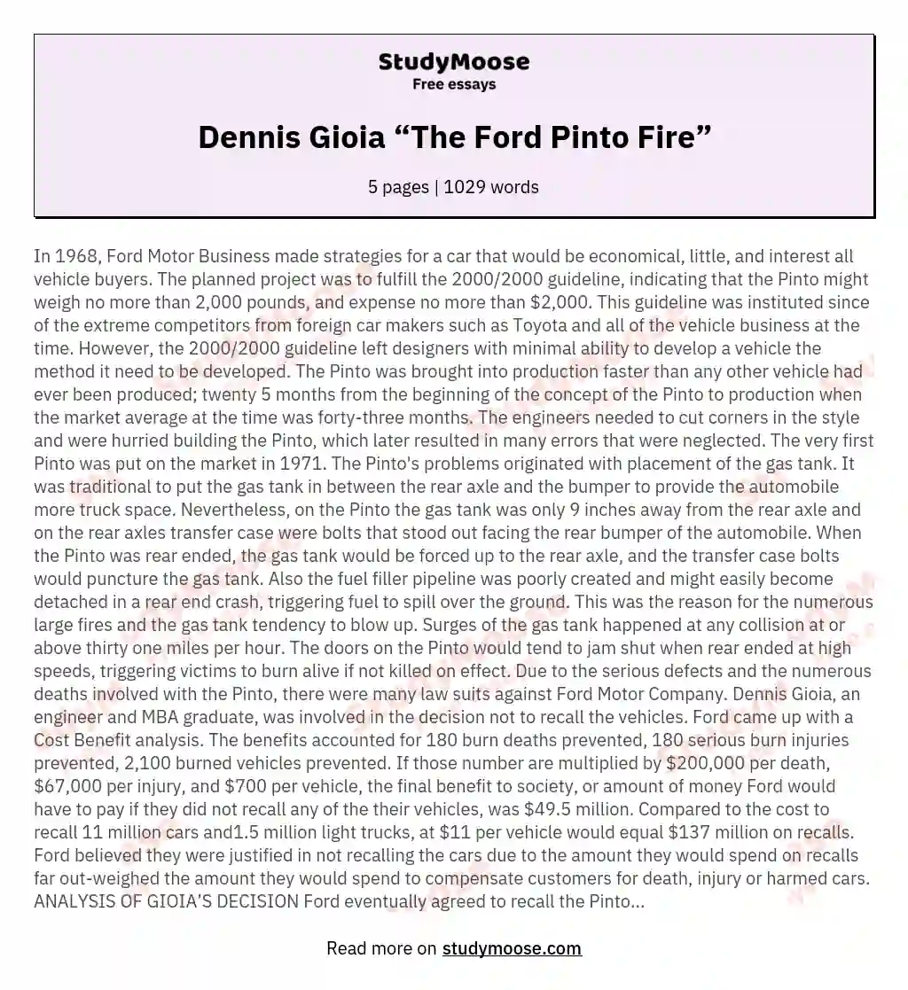 Dennis Gioia “The Ford Pinto Fire” essay