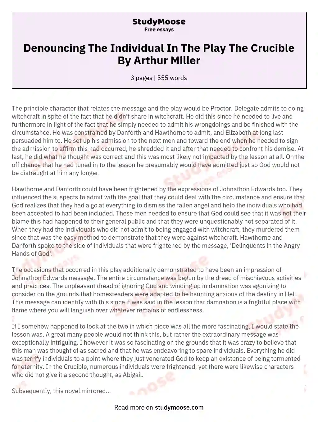 Denouncing The Individual In The Play The Crucible By Arthur Miller essay