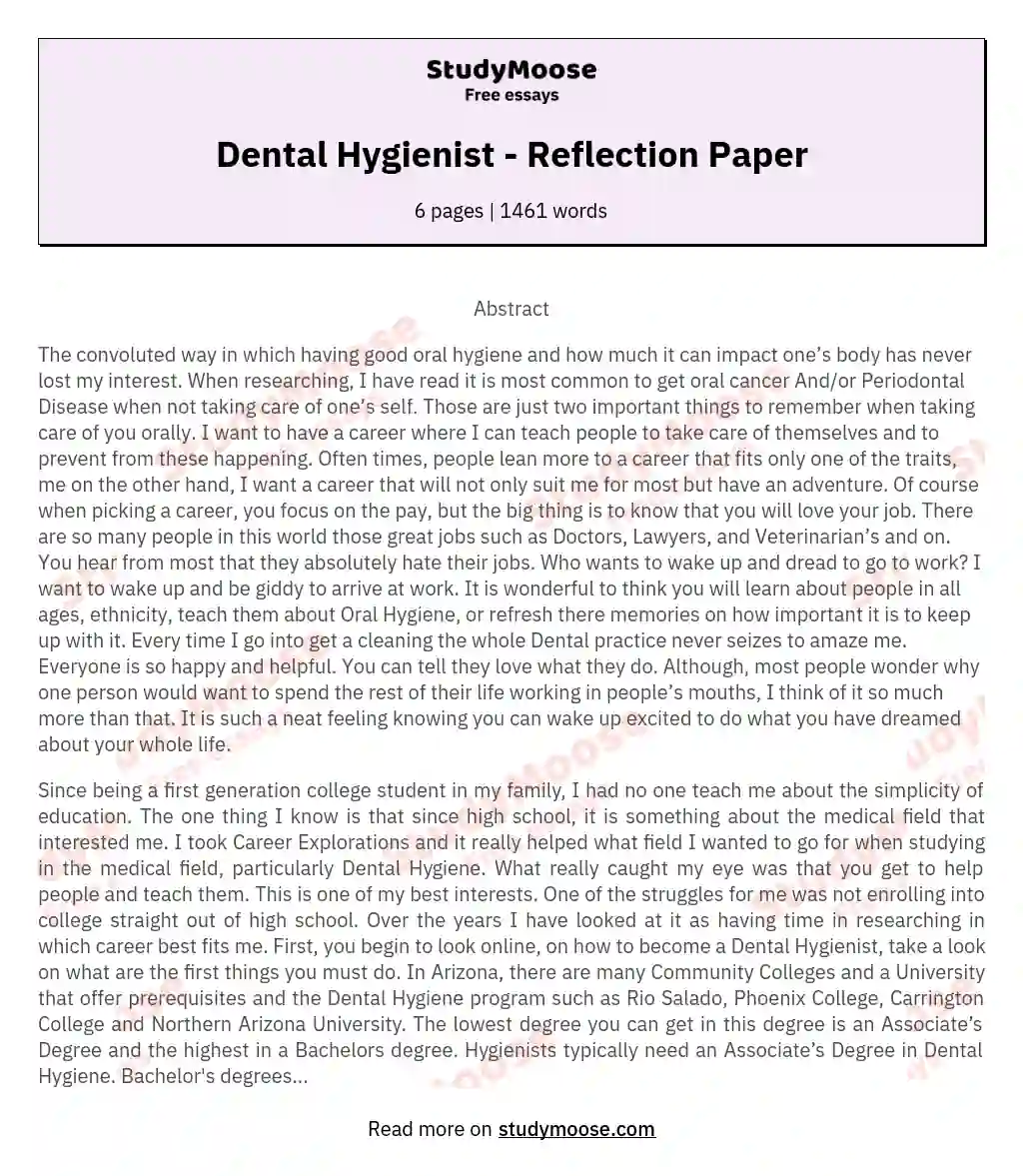 Dental Hygienist - Reflection Paper essay