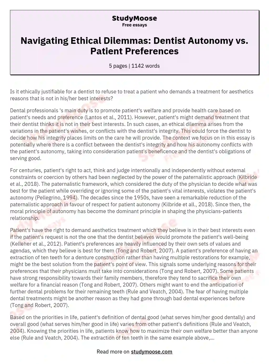 Navigating Ethical Dilemmas: Dentist Autonomy vs. Patient Preferences essay