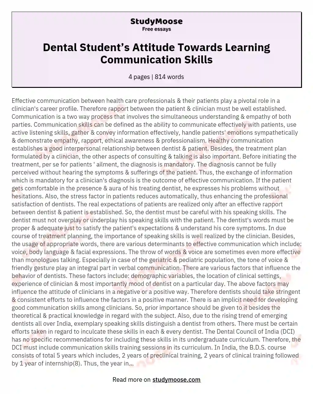 Dental Student’s Attitude Towards Learning Communication Skills essay