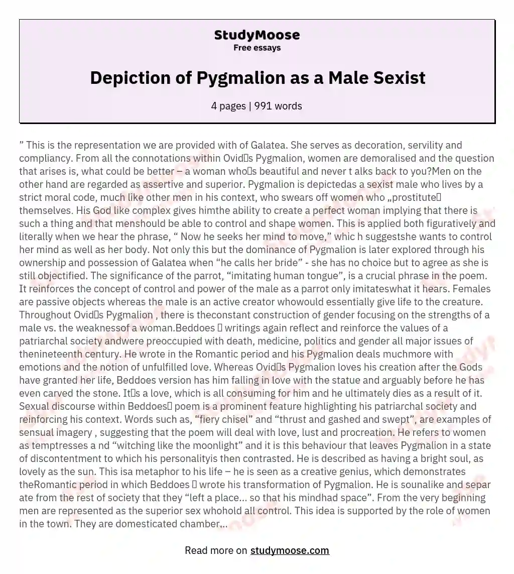 Depiction of Pygmalion as a Male Sexist essay