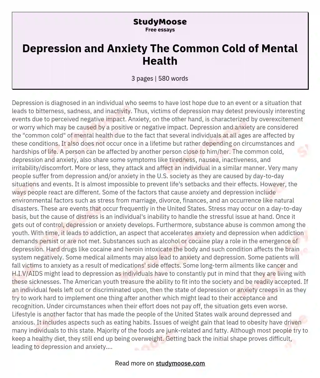 Depression and Anxiety The Common Cold of Mental Health essay