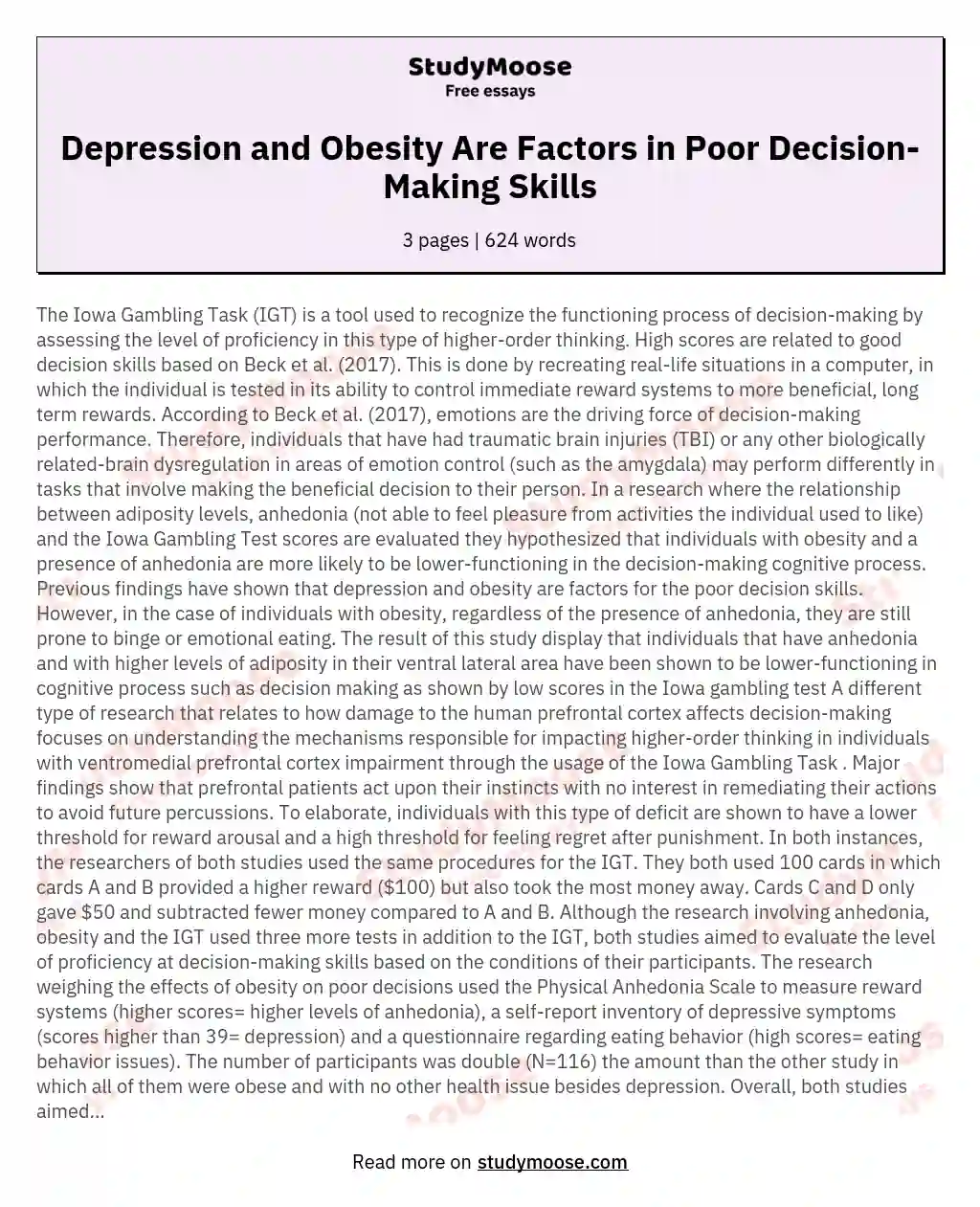 Depression and Obesity Are Factors in Poor Decision-Making Skills essay