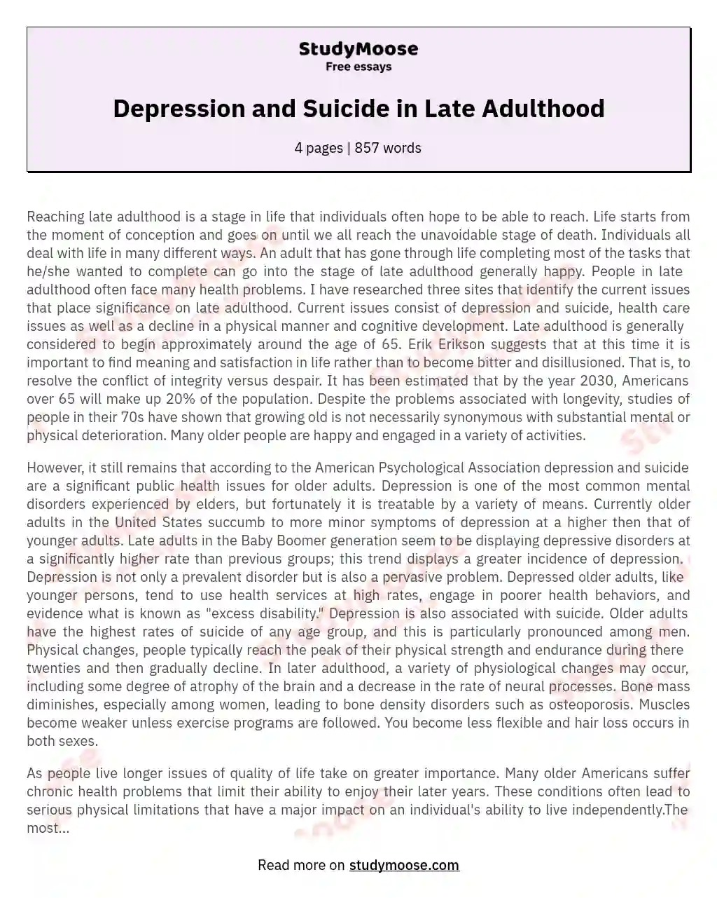 Depression and Suicide in Late Adulthood