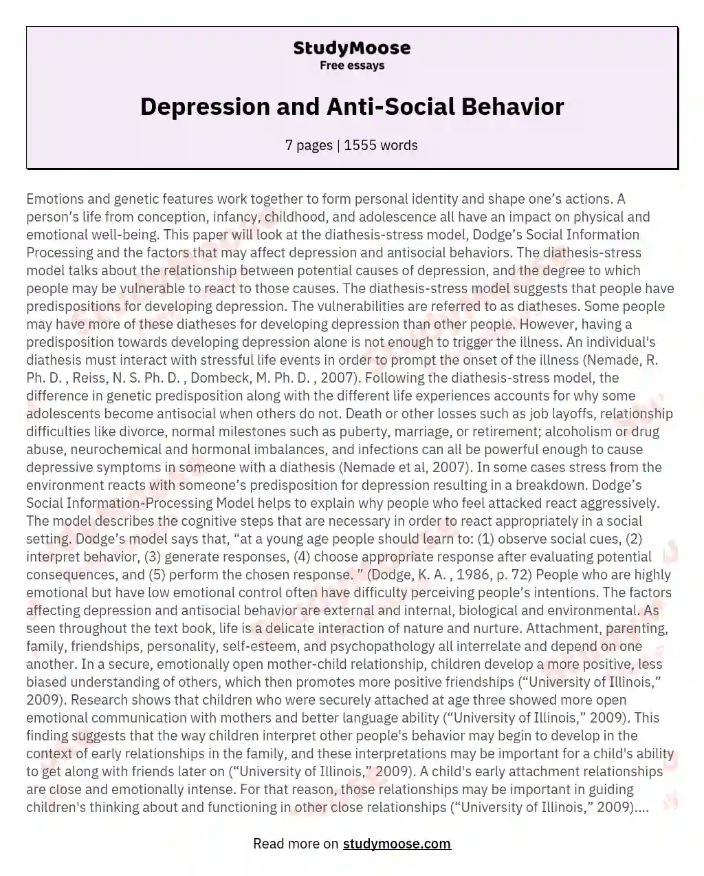 Depression and Anti-Social Behavior essay