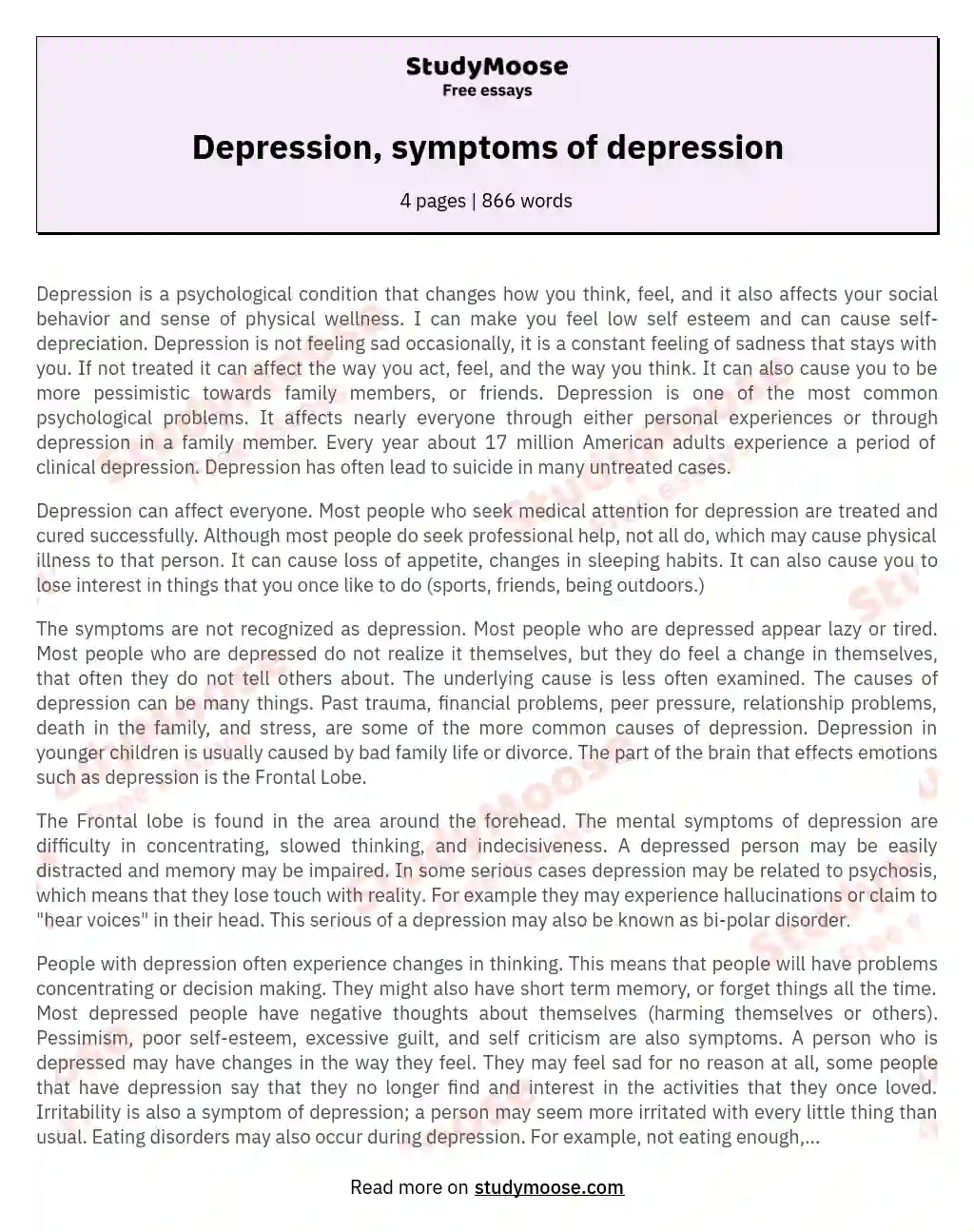 Depression, symptoms of depression essay