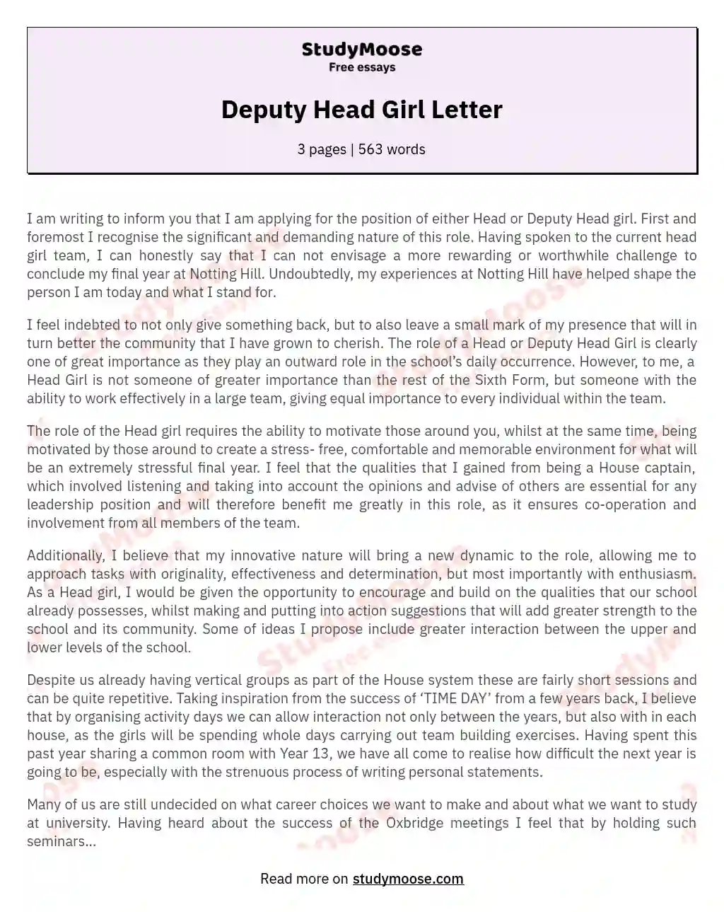 application letter for the post of assistant head girl