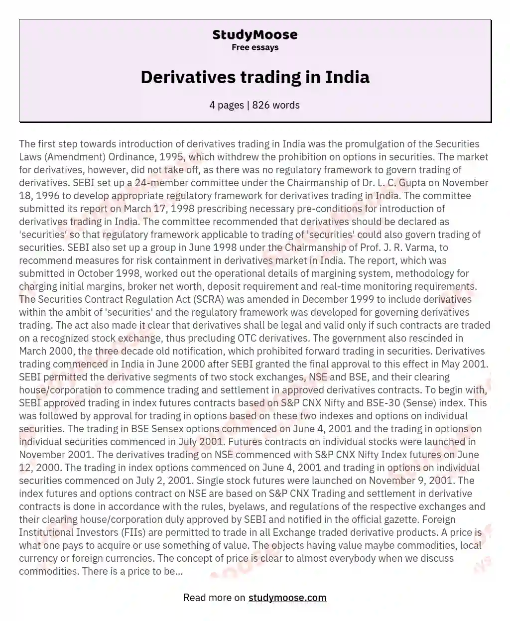 Derivatives trading in India essay