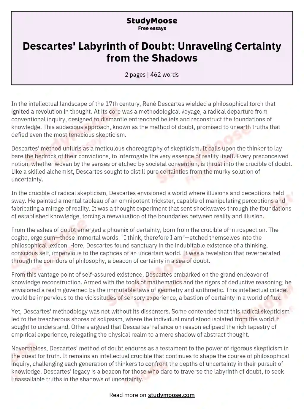Descartes' Labyrinth of Doubt: Unraveling Certainty from the Shadows essay
