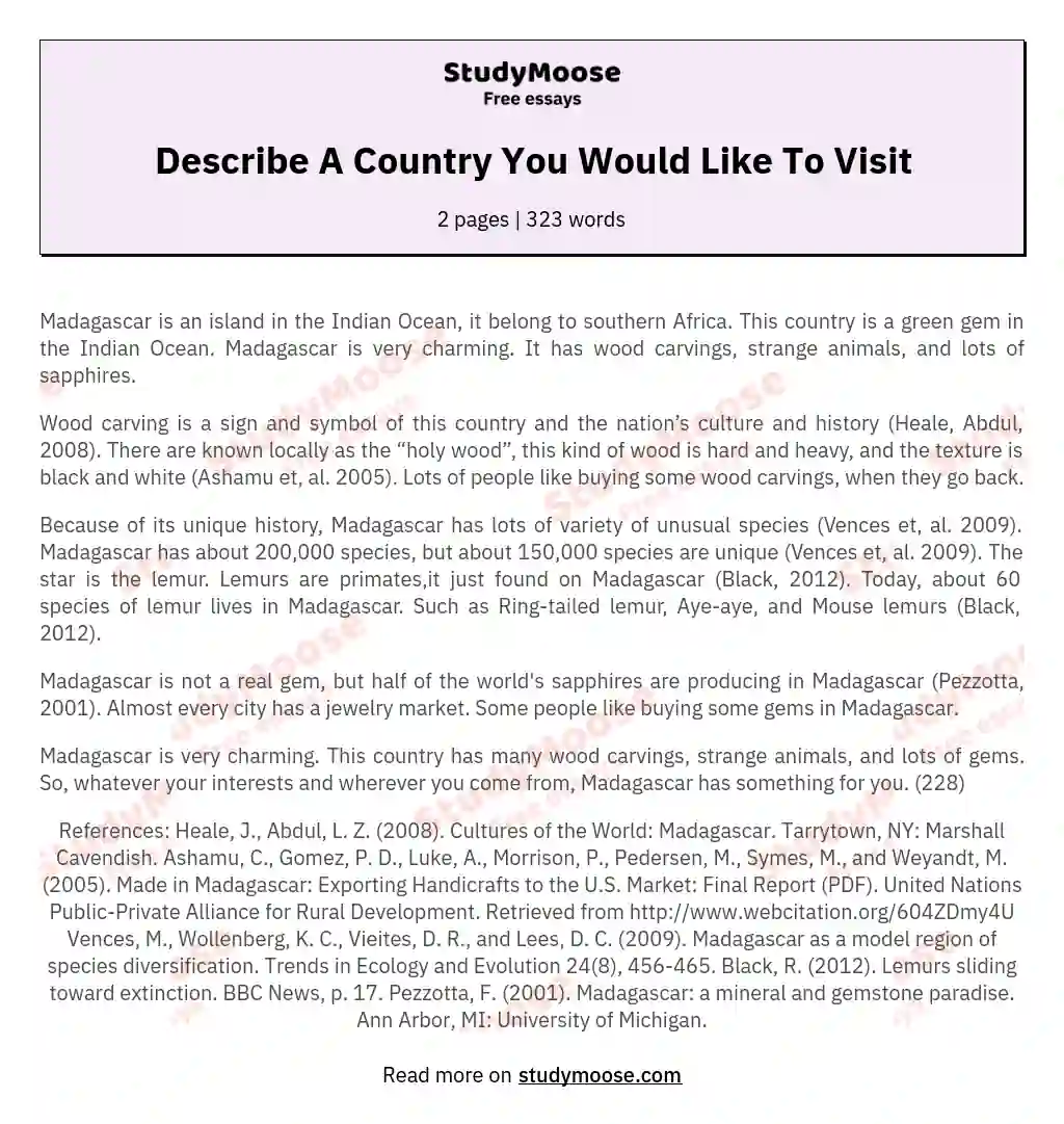 Describe A Country You Would Like To Visit essay