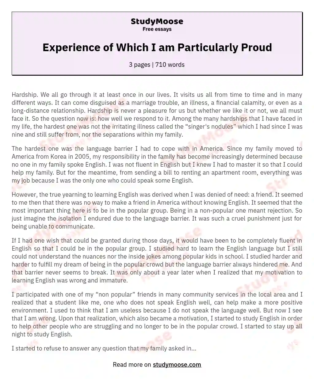 Experience of Which I am Particularly Proud essay