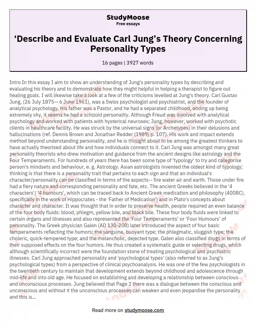 ‘Describe and Evaluate Carl Jung’s Theory Concerning Personality Types essay
