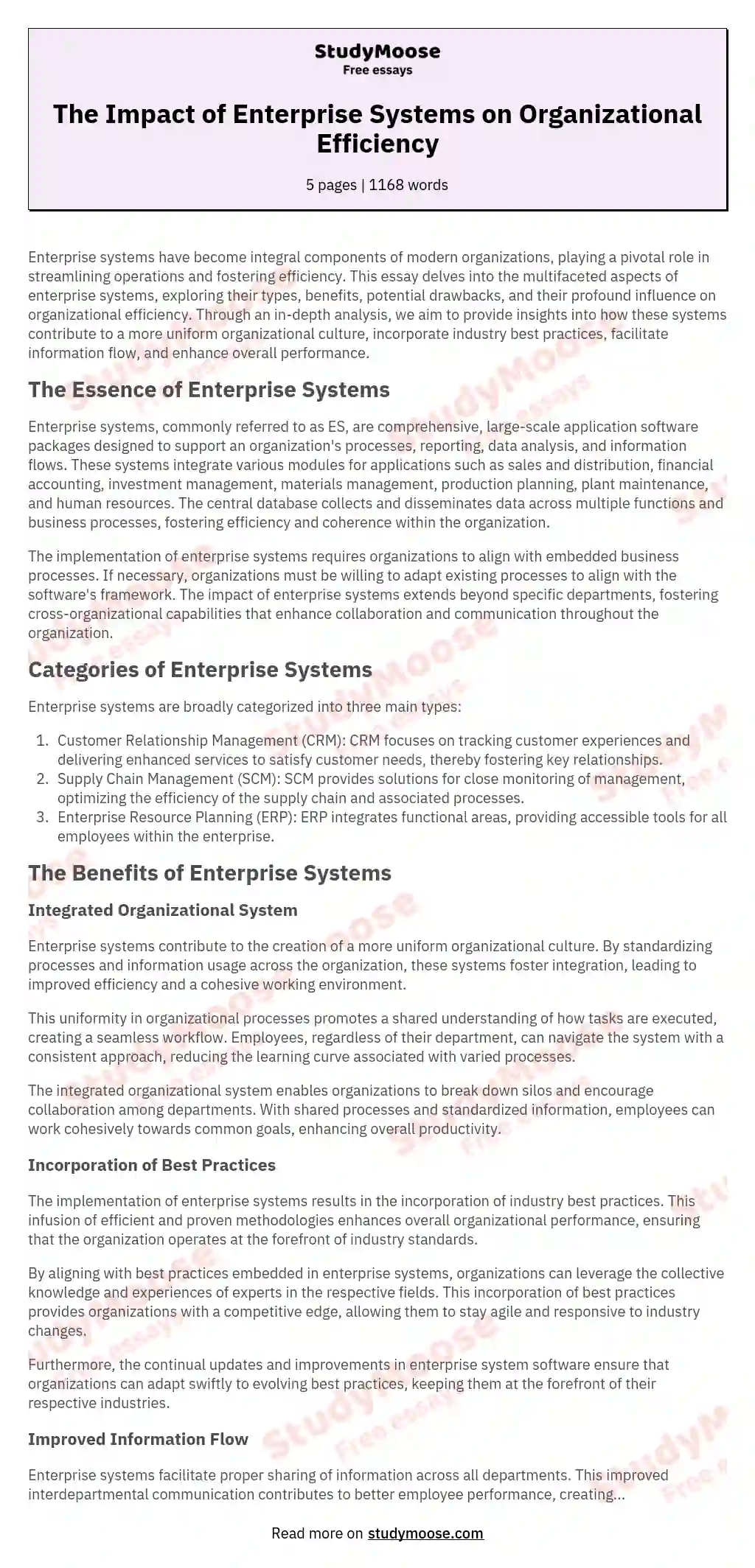 Describe at least two benefits if using enterprise systems