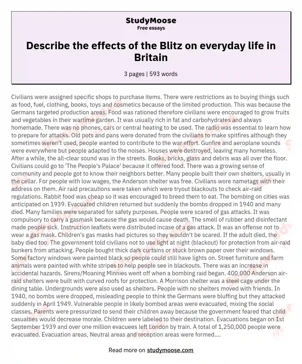 Describe the effects of the Blitz on everyday life in Britain essay