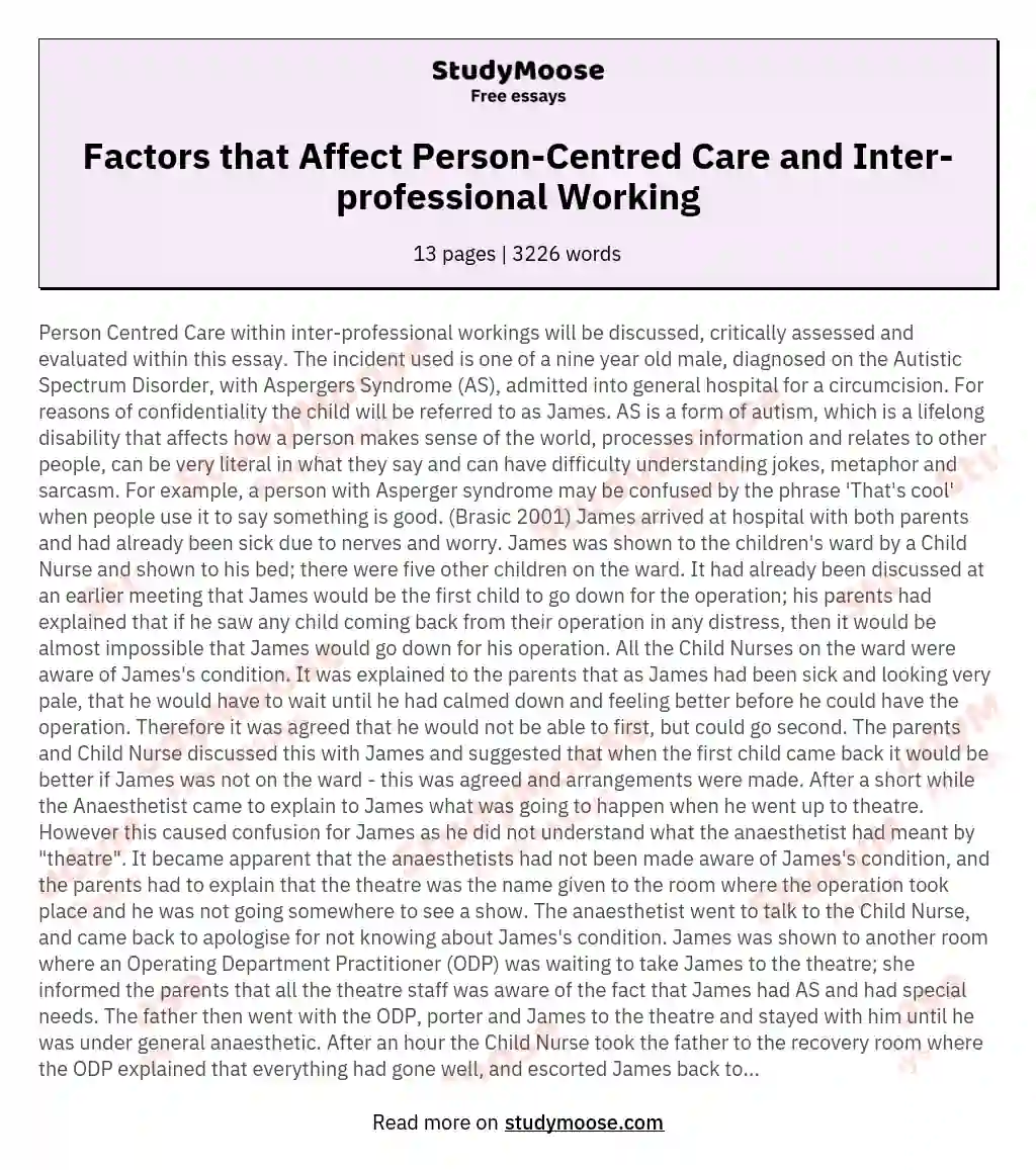 Factors that Affect Person-Centred Care and Inter-professional Working essay
