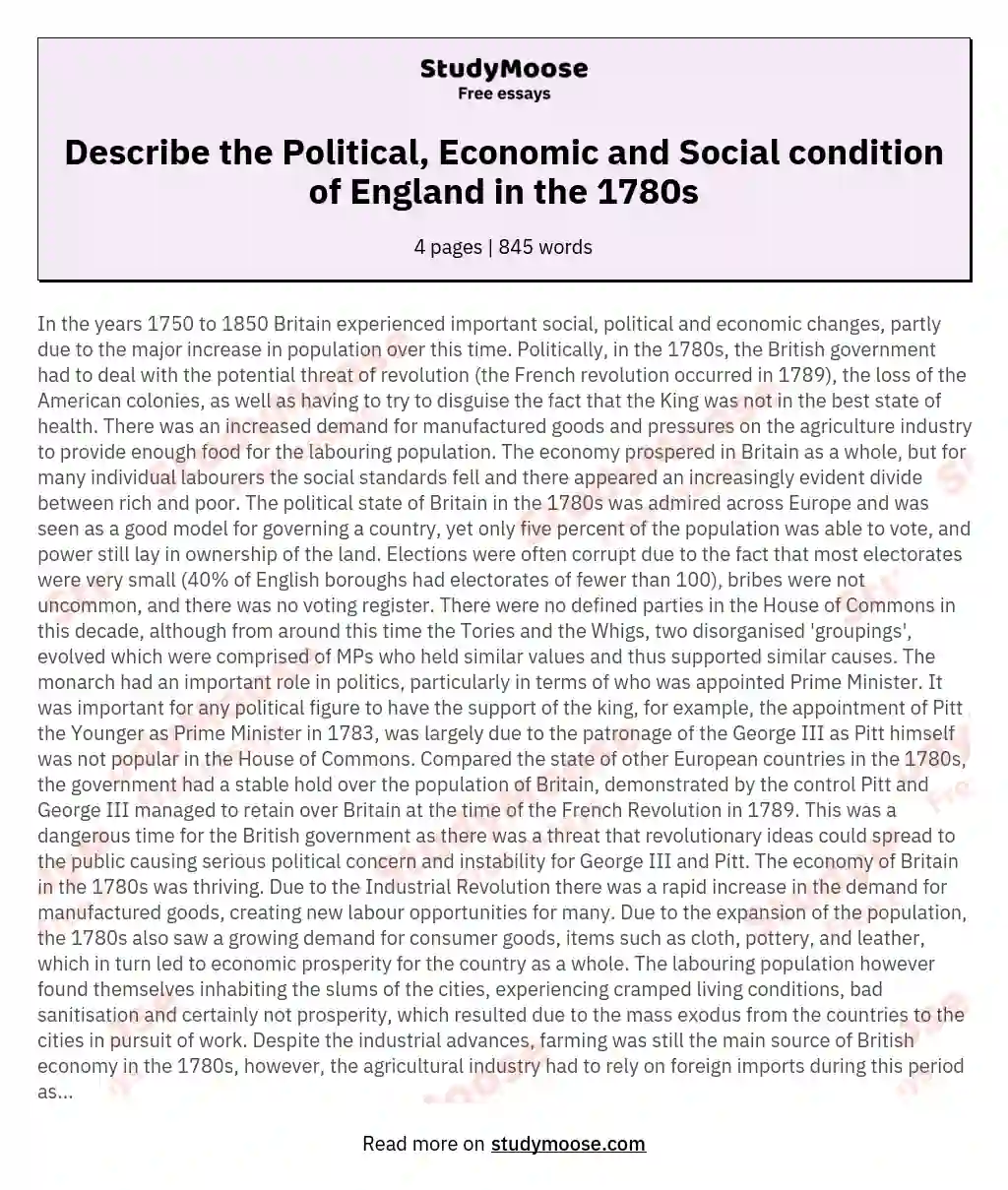 Describe the Political, Economic and Social condition of England in the 1780s essay