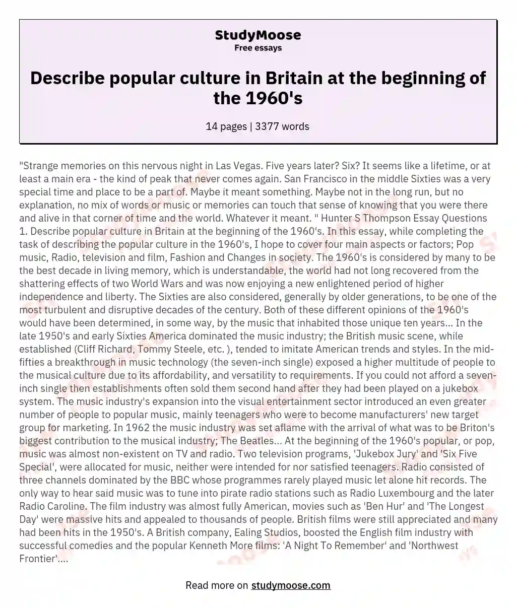 Describe popular culture in Britain at the beginning of the 1960's essay