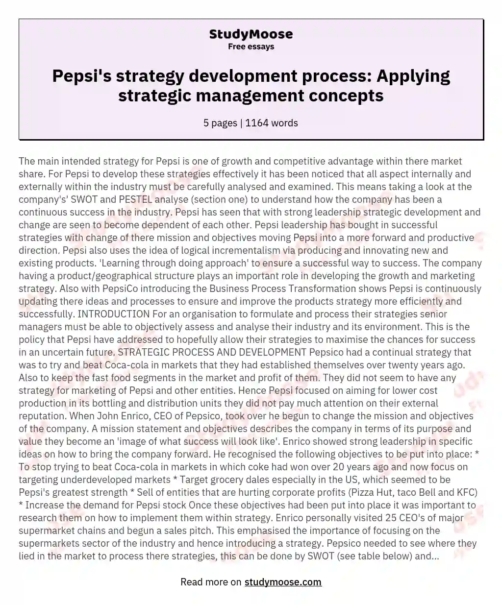 Pepsi's strategy development process: Applying strategic management concepts essay