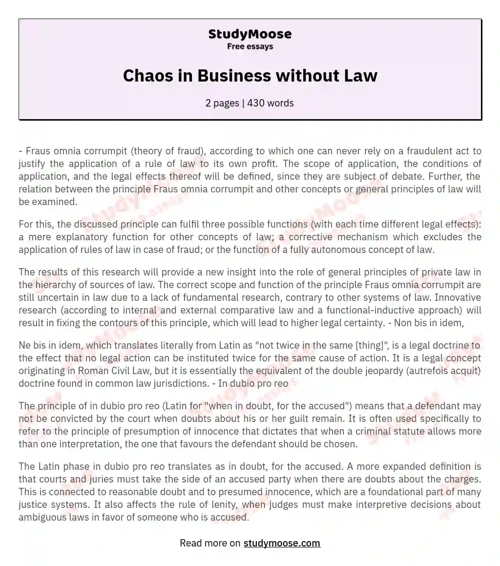 Describe what can happen in the society without law, especially in the field of business