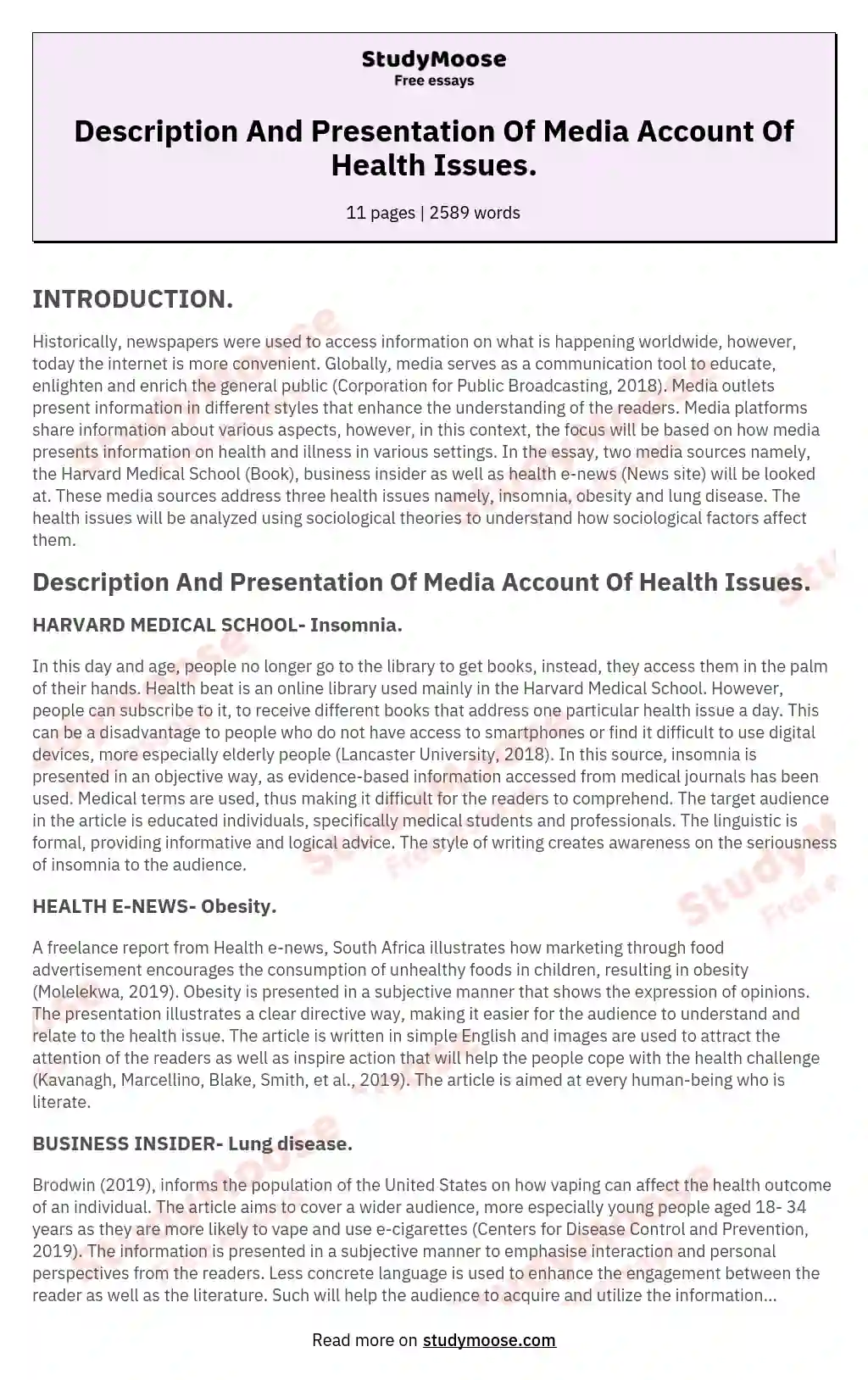 Description And Presentation Of Media Account Of Health Issues.