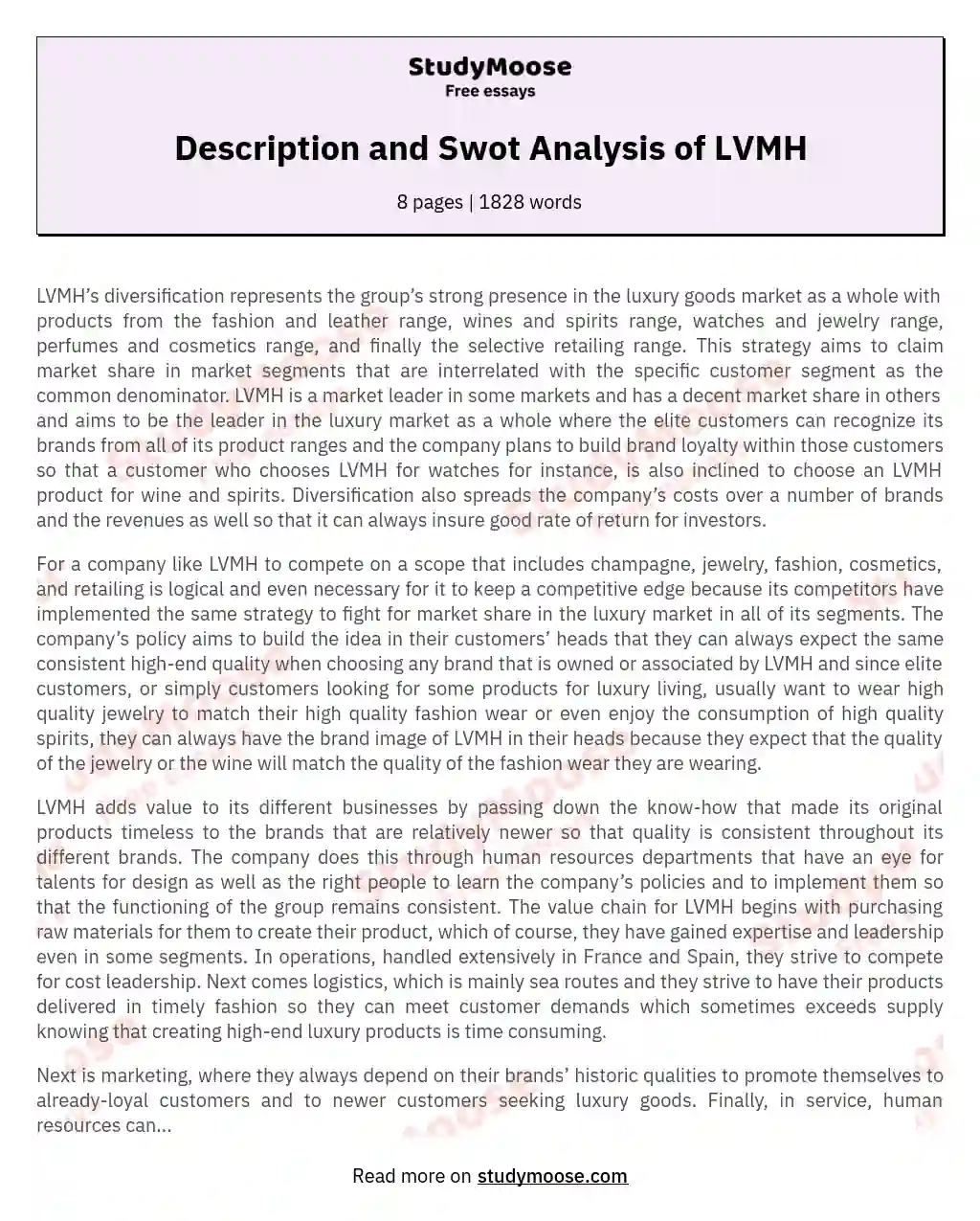 Description and Swot Analysis of LVMH essay