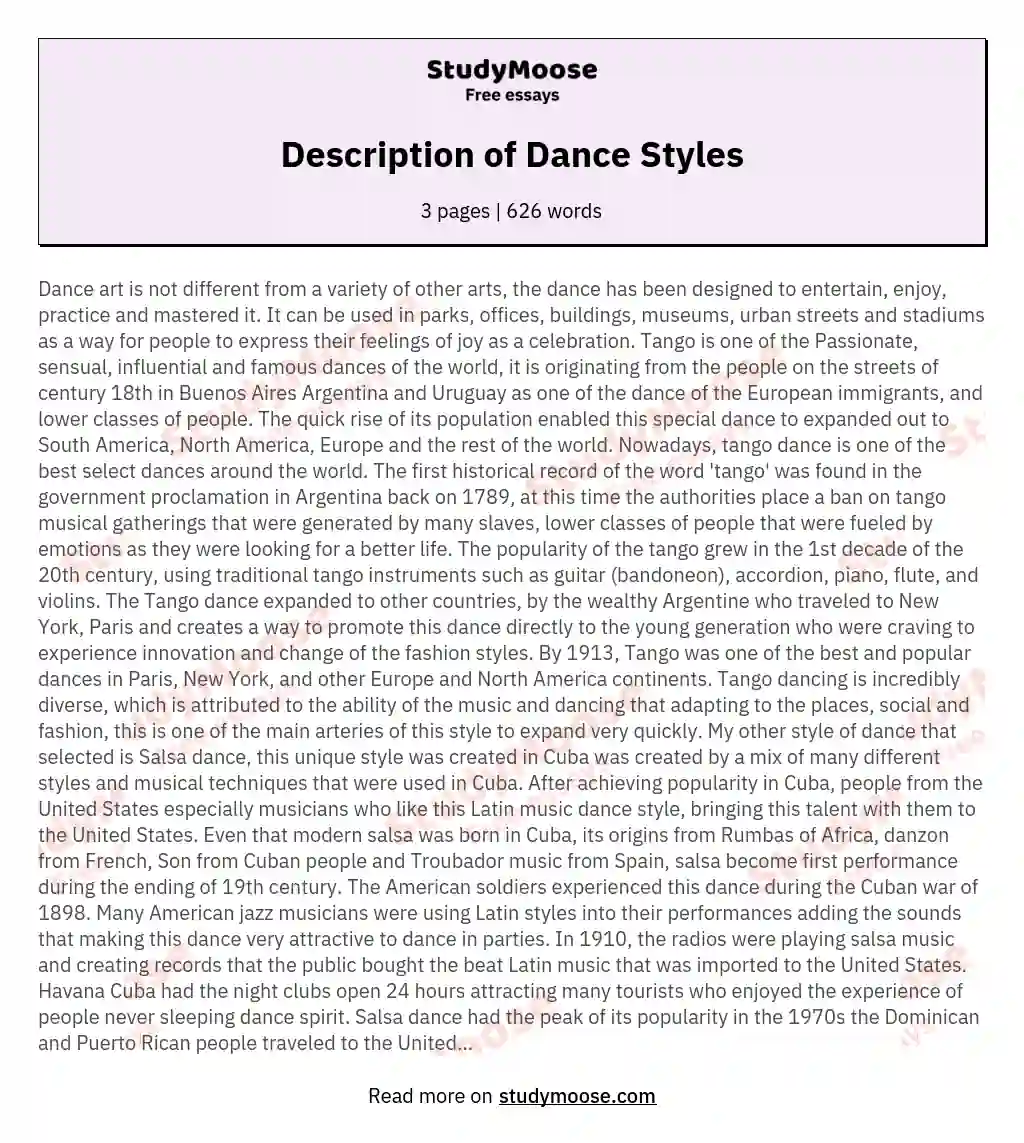 Description of Dance Styles essay