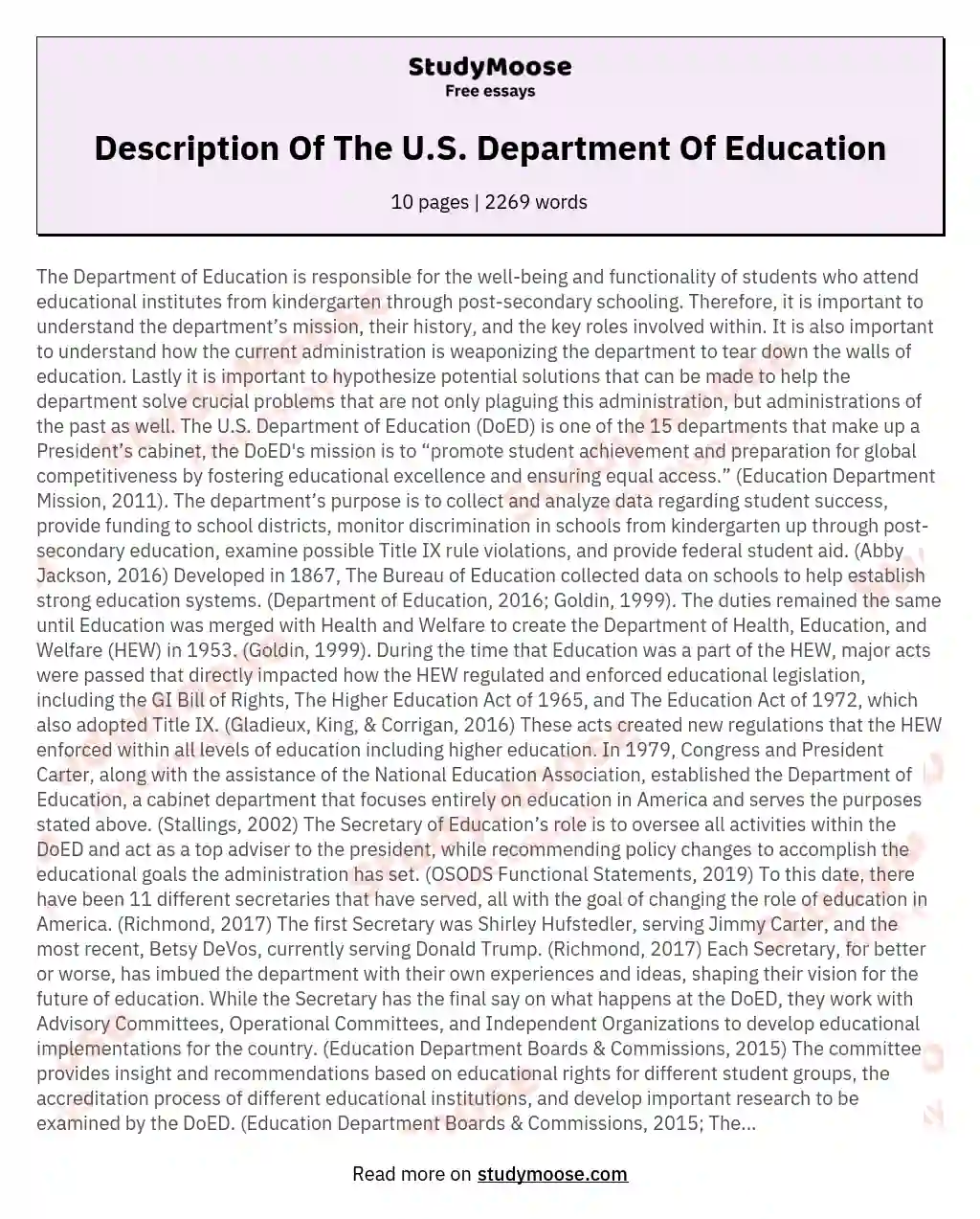 Description Of The U.S. Department Of Education essay