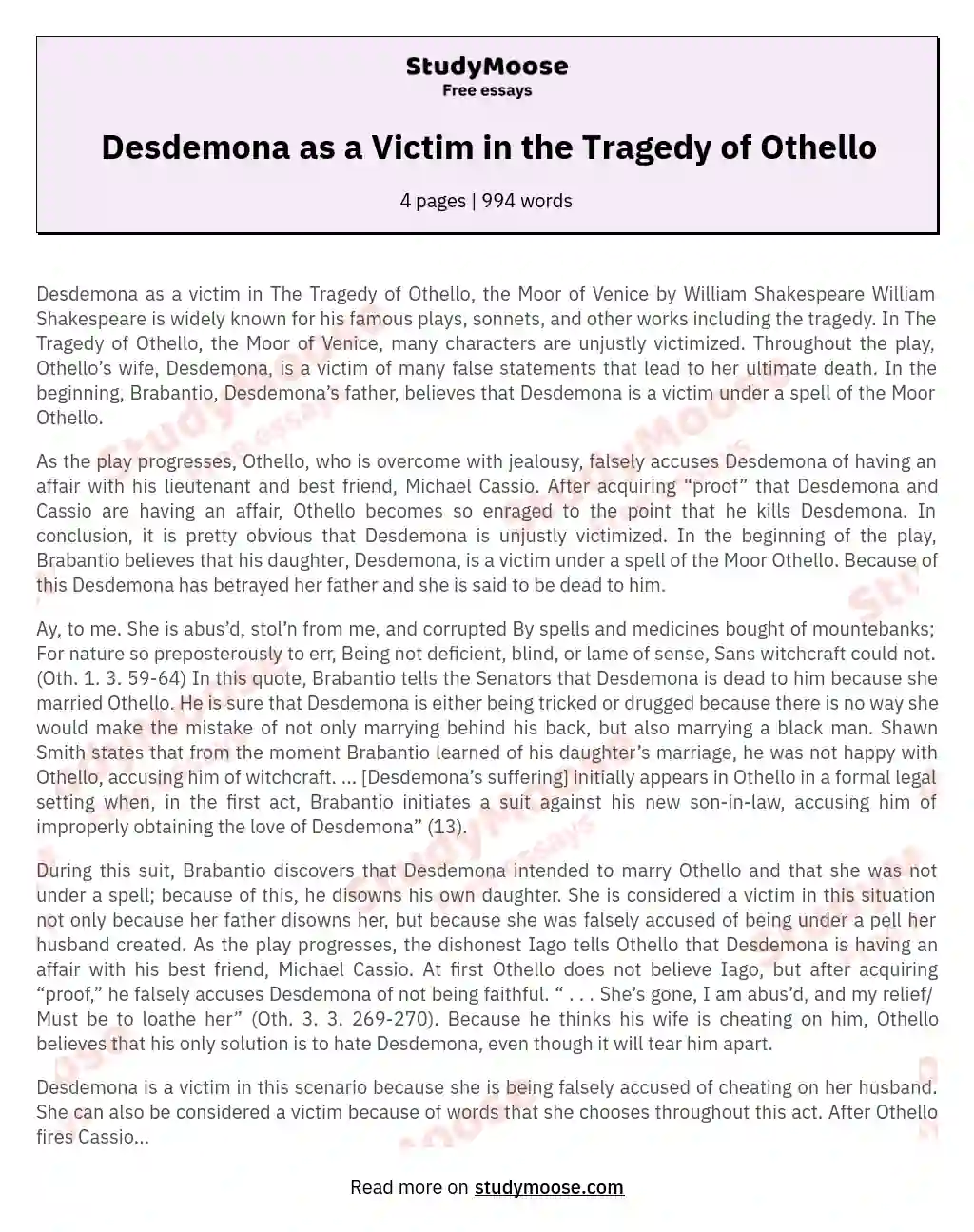 othello killing desdemona essay
