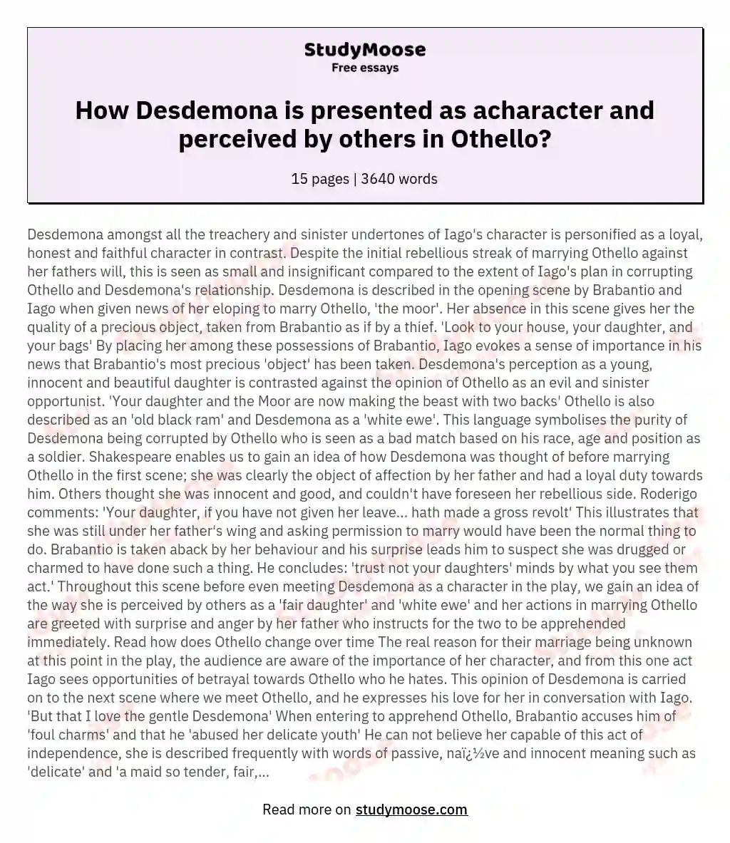 How Desdemona is presented as acharacter and perceived by others in Othello?