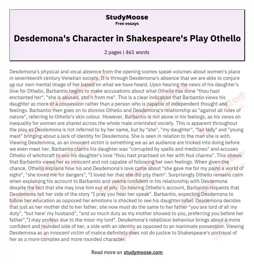 Desdemona's Character in Shakespeare's Play Othello essay