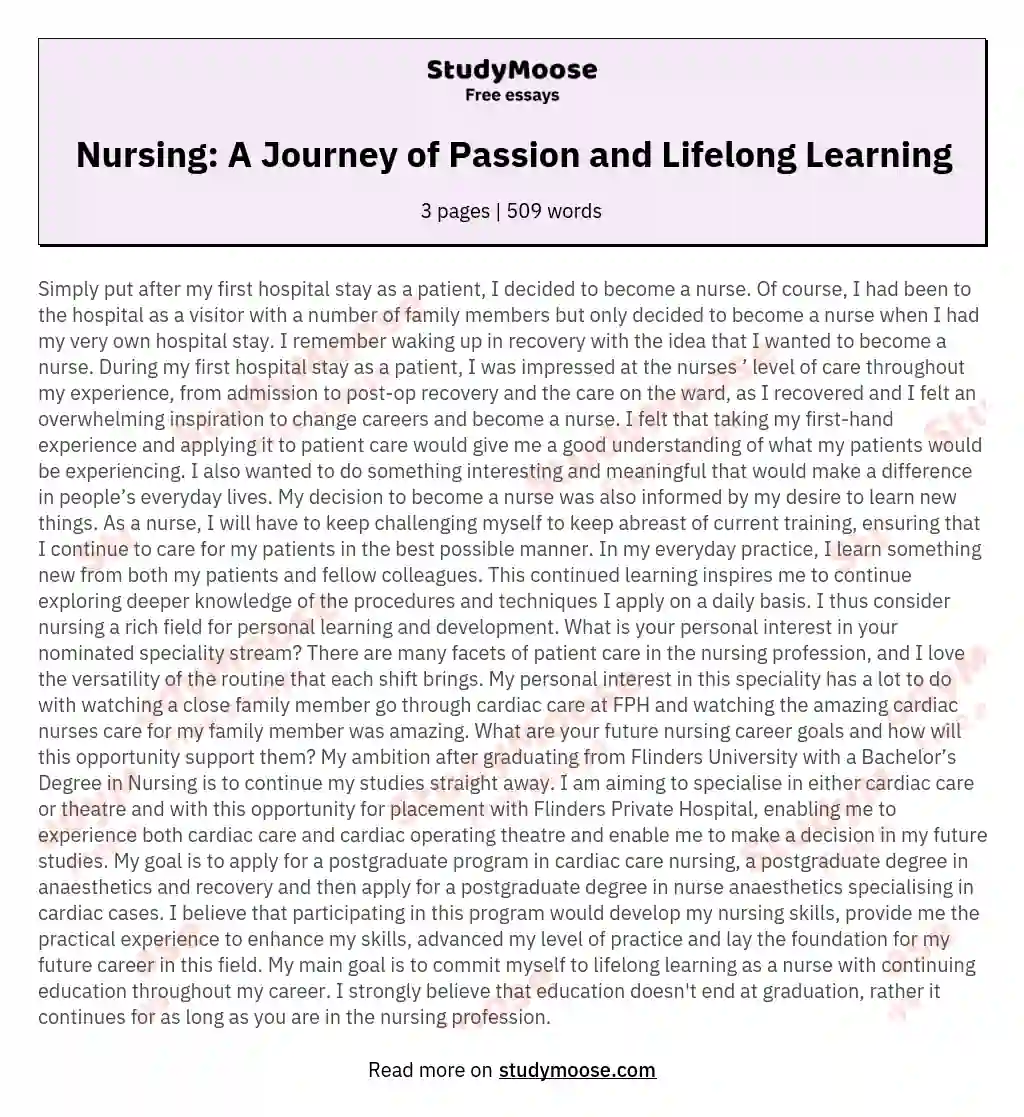 Nursing: A Journey of Passion and Lifelong Learning essay