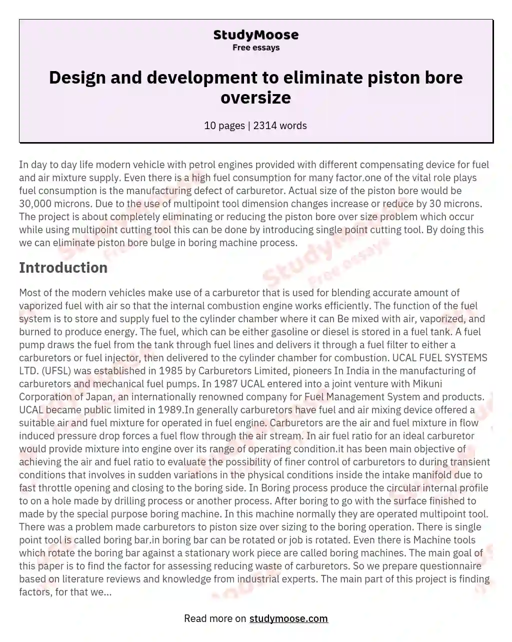 Design and development to eliminate piston bore oversize essay