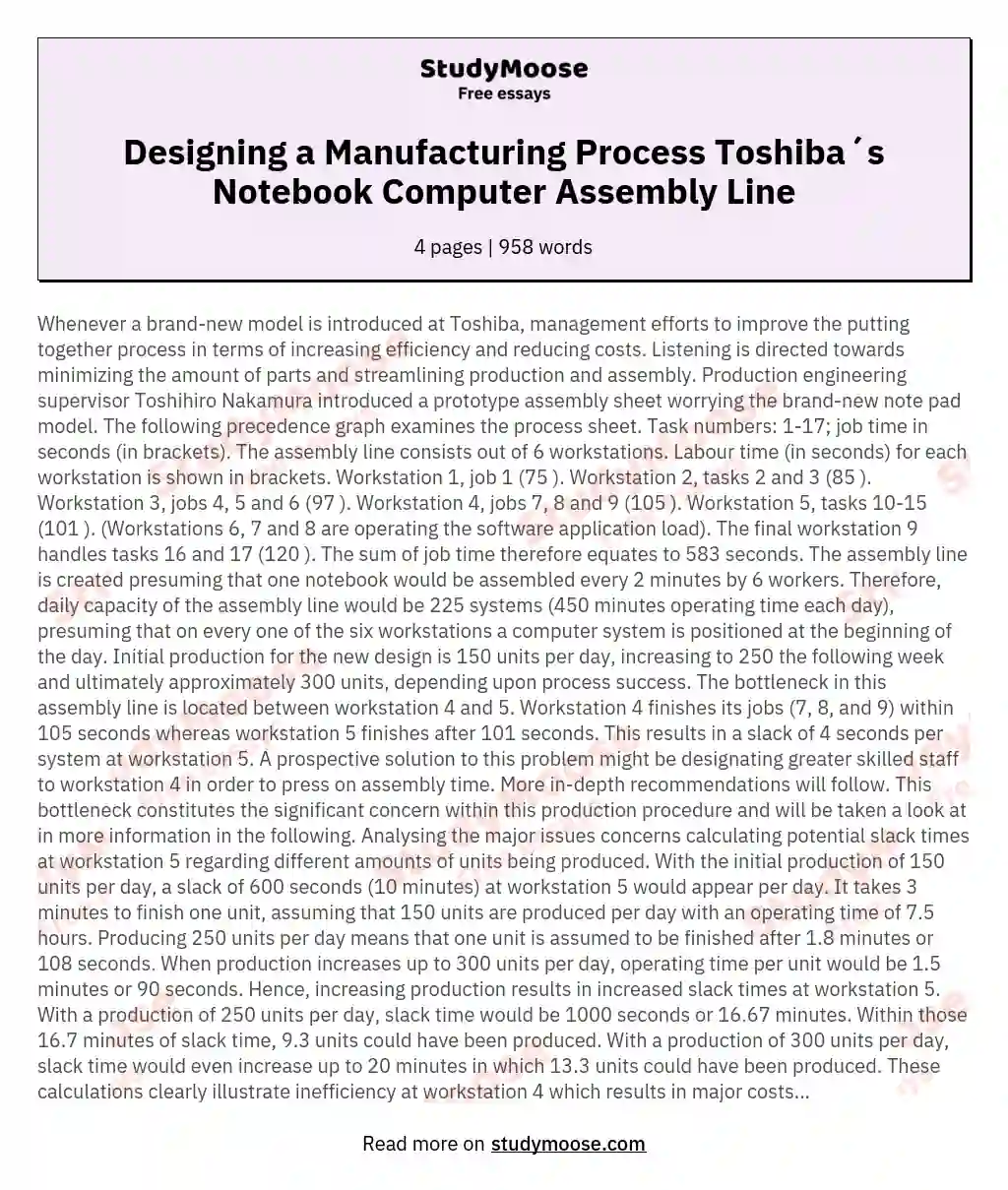Designing a Manufacturing Process Toshiba´s Notebook Computer Assembly Line essay