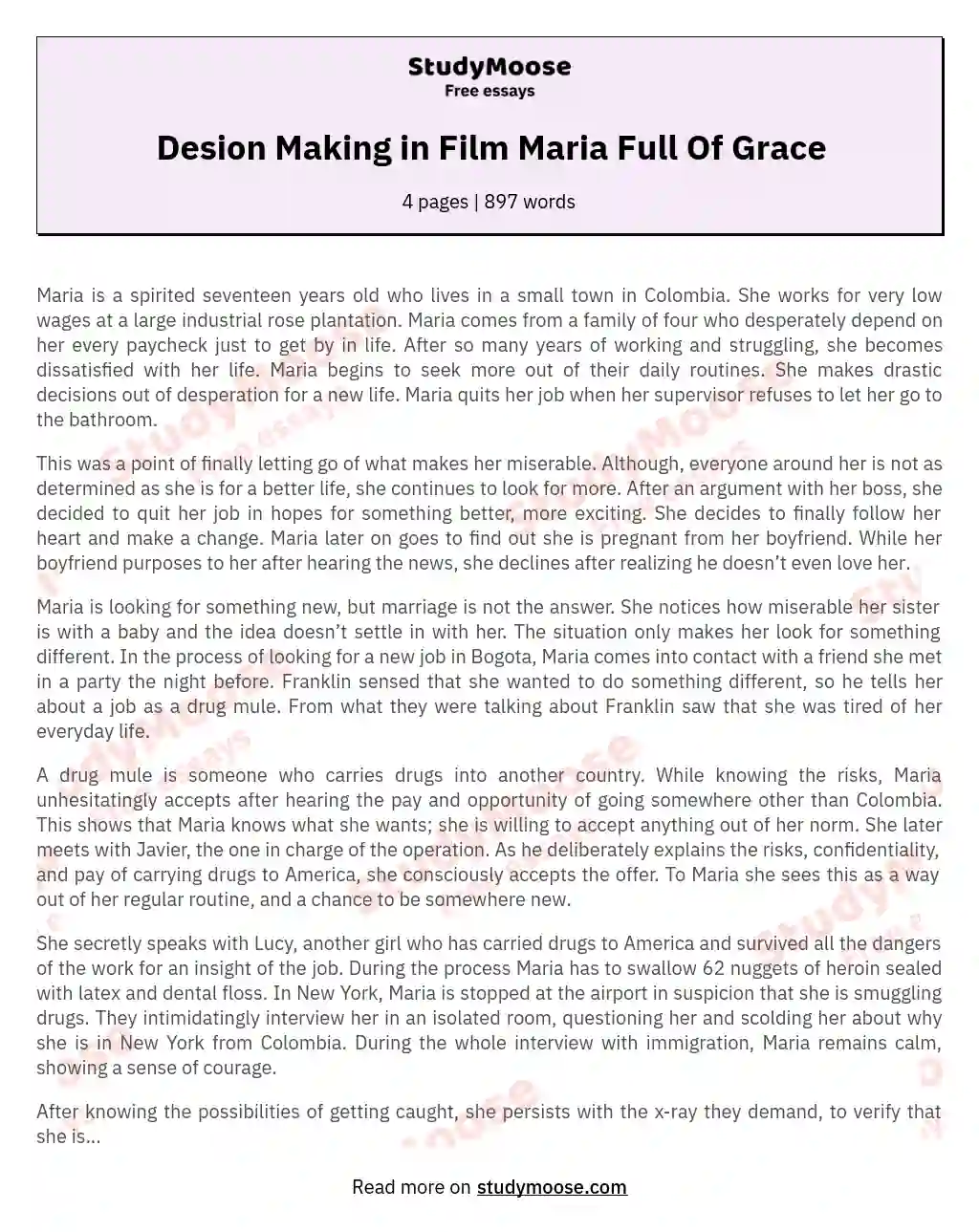 Desion Making in Film Maria Full Of Grace essay
