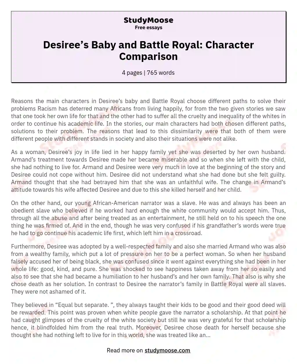 Desiree’s Baby and Battle Royal: Character Comparison
